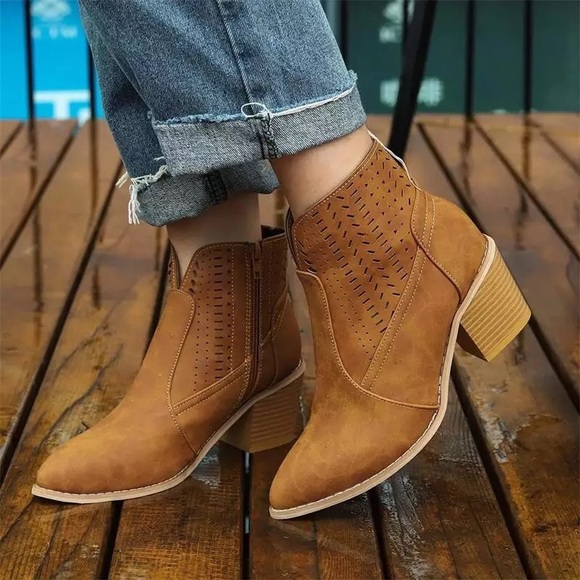 Light BrownLaser Cutout Tan Heeled Zip Ankle Boots - Picture 3 of 6